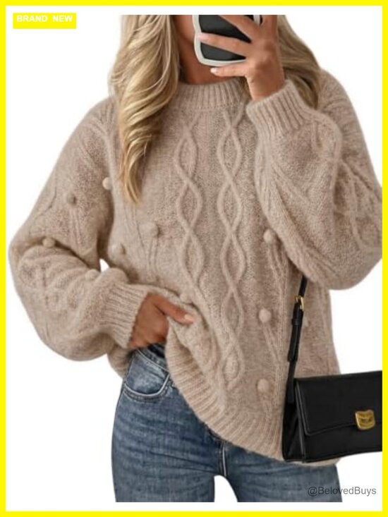 Sweaters - Cable Knit Oversized Pullover Sweater Loose Fit Drop Shoulder Crew Neck